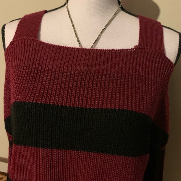 Hooked Up Red and Black Cold Shoulder Sweater - Picture 3 of 8